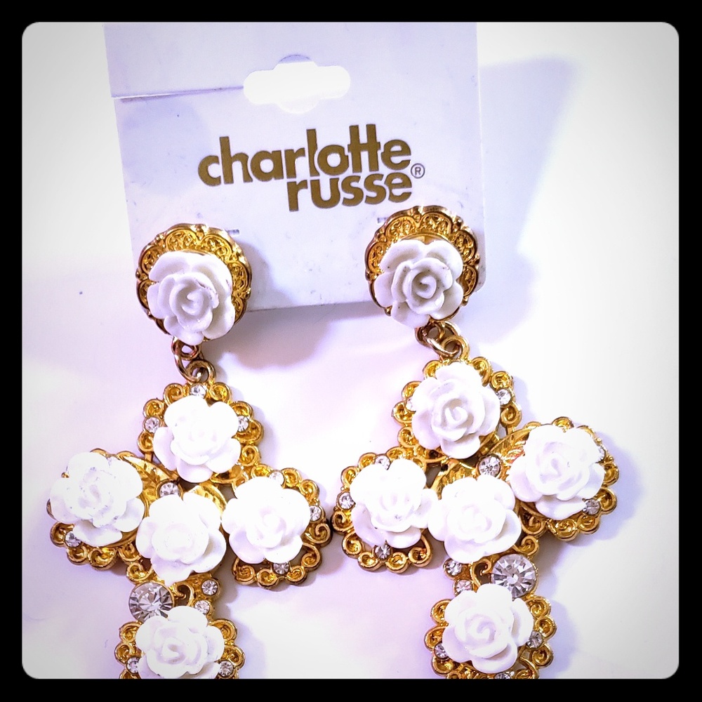 Gold cross earrings with white rose decor